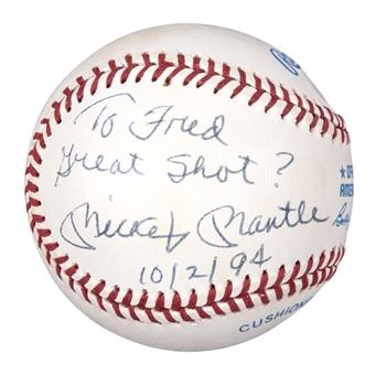 1994 Mickey Mantle Signed and Inscribed OAL Brown Baseball (PSA/DNA)